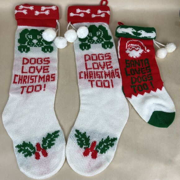 3 VTG 90's Knit Christmas Stocking - SANTA LOVES DOGS TOO & DOGS LOVES‎ XMAS TOO - Picture 1 of 8